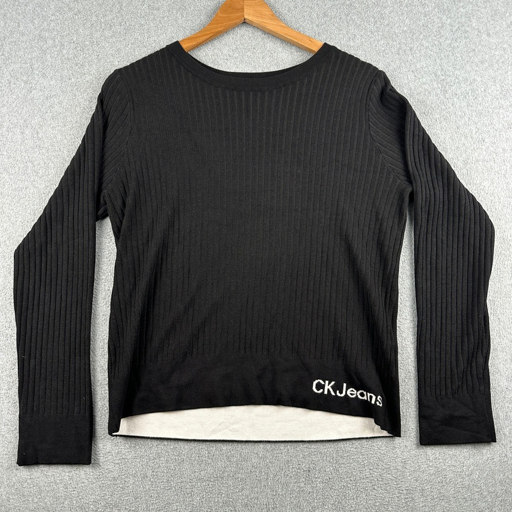 Calvin Klein Jeans Sweater Womens PL Petite Large Black Ribbed Logo CK Jeans